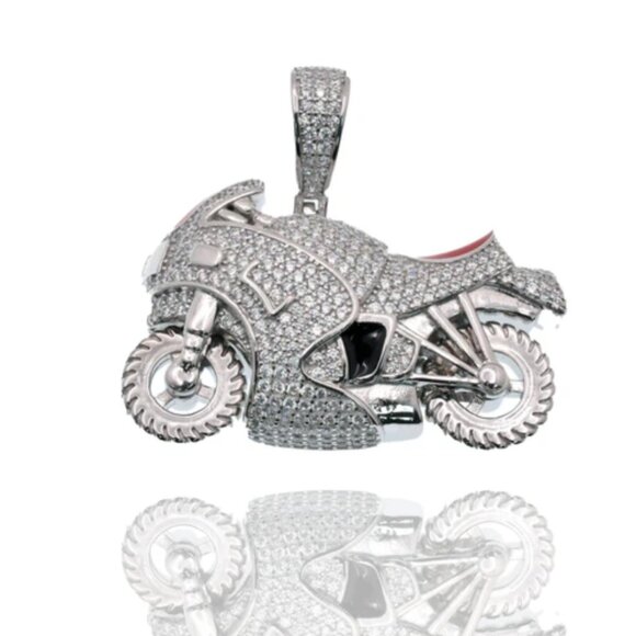 Sterling Silver 925 Rhodium Plated Motorcycle Red Enamel Iced Out CZ Pendant